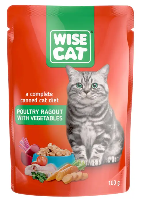 Hrana umeda pentru pisici, WISE CAT, tocana de pasare de curte si legume, 24 plicuri x 100gr
