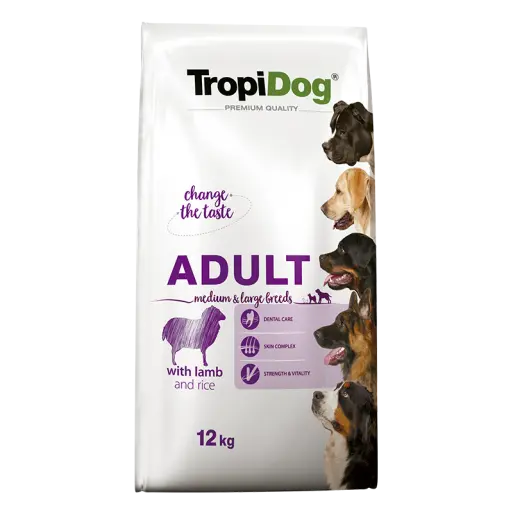 Hrana uscata pentru caini TropiDog, Premium Adult, tale medie si mare, miel & orez, 12 kg