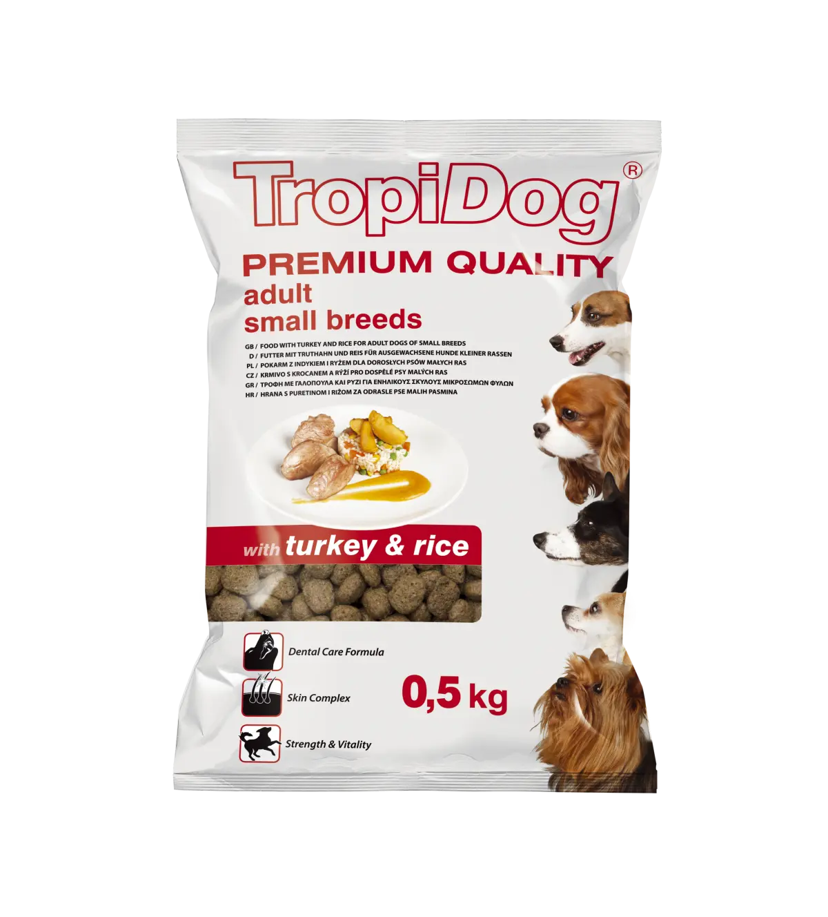 Hrana uscata pentru caini TropiDog, Premium Adult, tale mica, curcan & orez, 500g