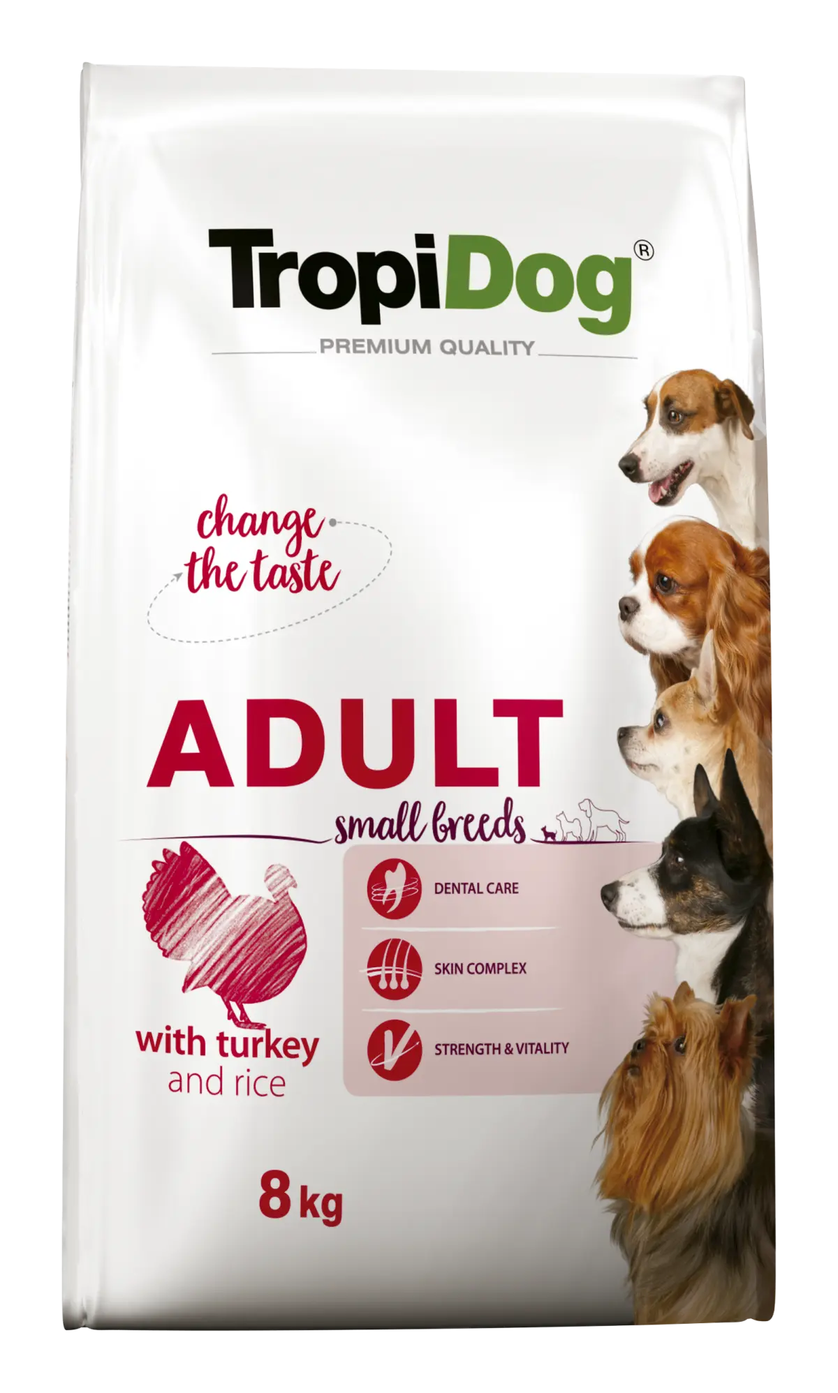 Hrana uscata pentru caini TropiDog, Premium Adult, tale mica, curcan & orez, 8kg