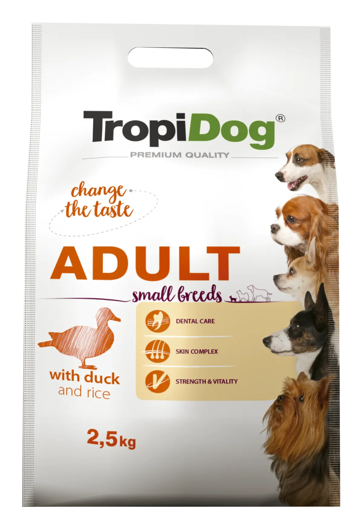 Hrana uscata pentru caini TropiDog, Premium Adult, tale mica, rata & orez, 2.5 kg