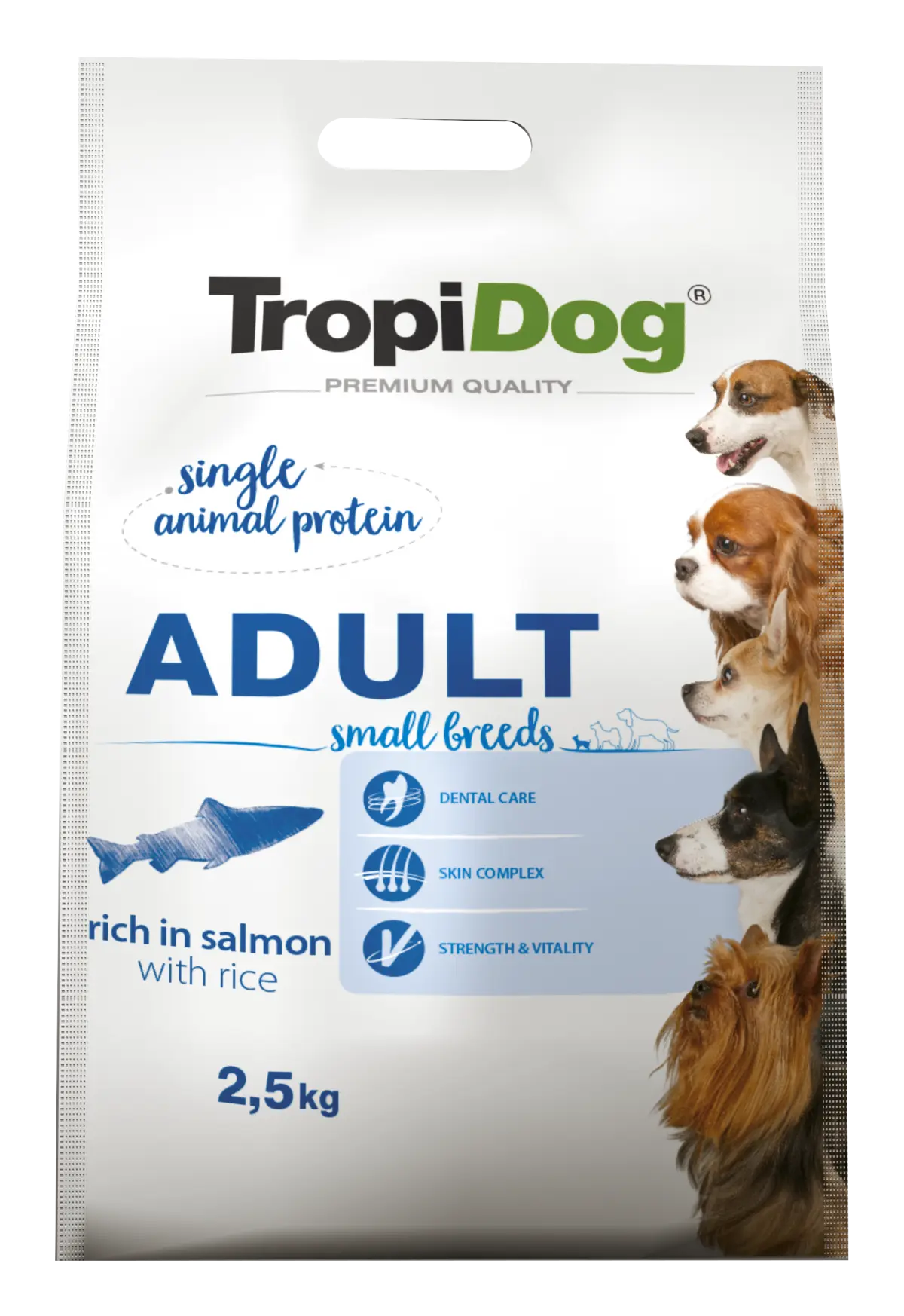Hrana uscata pentru caini TropiDog, Premium Adult, tale mica, somon & orez, 2.5kg