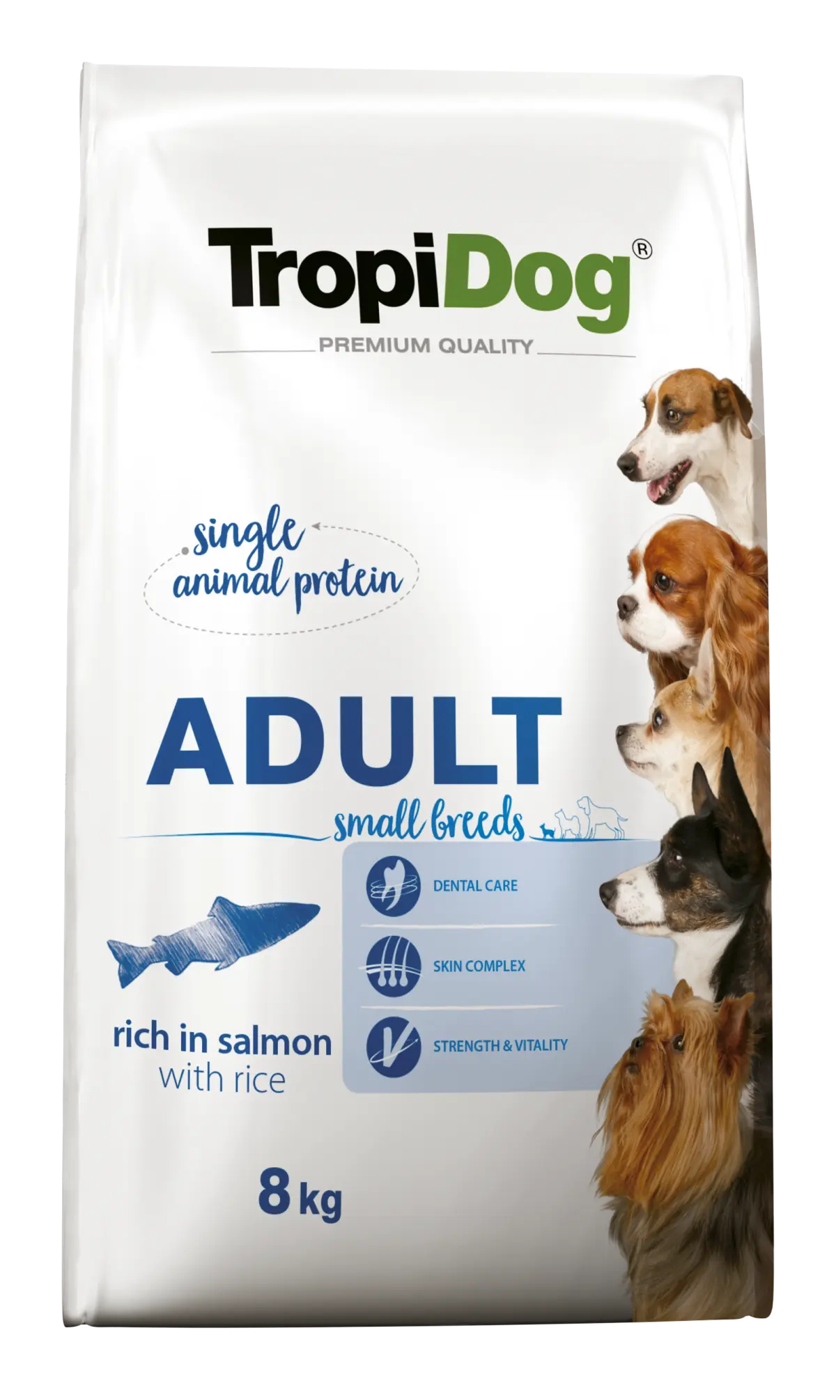 Hrana uscata pentru caini TropiDog, Premium Adult, tale mica, somon & orez, 8kg