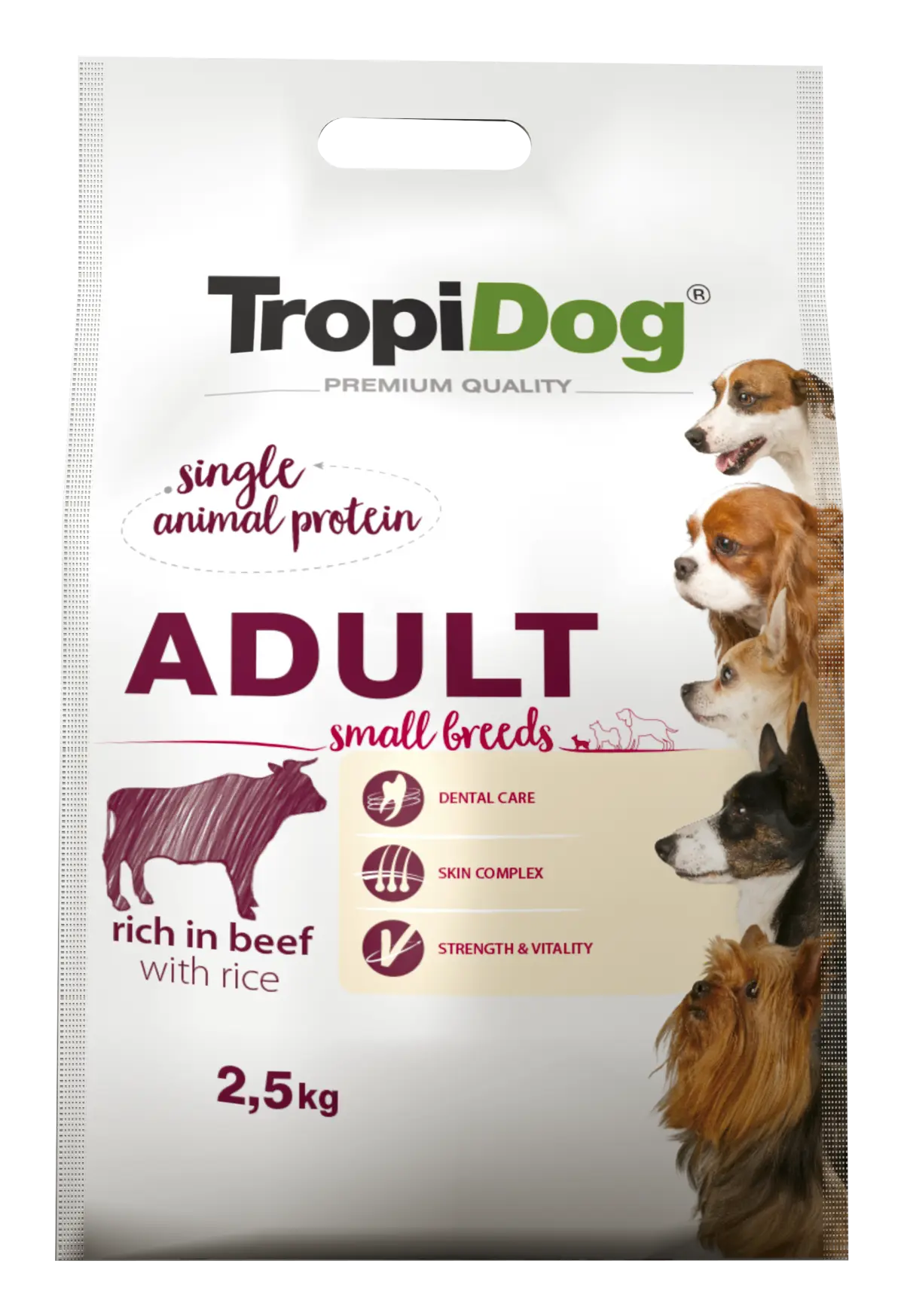 Hrana uscata pentru caini TropiDog, Premium Adult, tale mica, vita & orez, 2.5kg