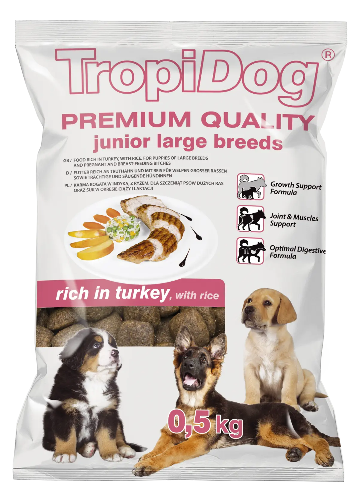 Hrana uscata pentru caini TropiDog, Premium Junior, tale mare, curcan & orez, 500g