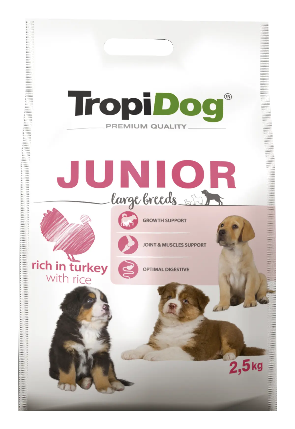 Hrana uscata pentru caini TropiDog, Premium Junior, tale mare, curcan & orez, 2.5kg