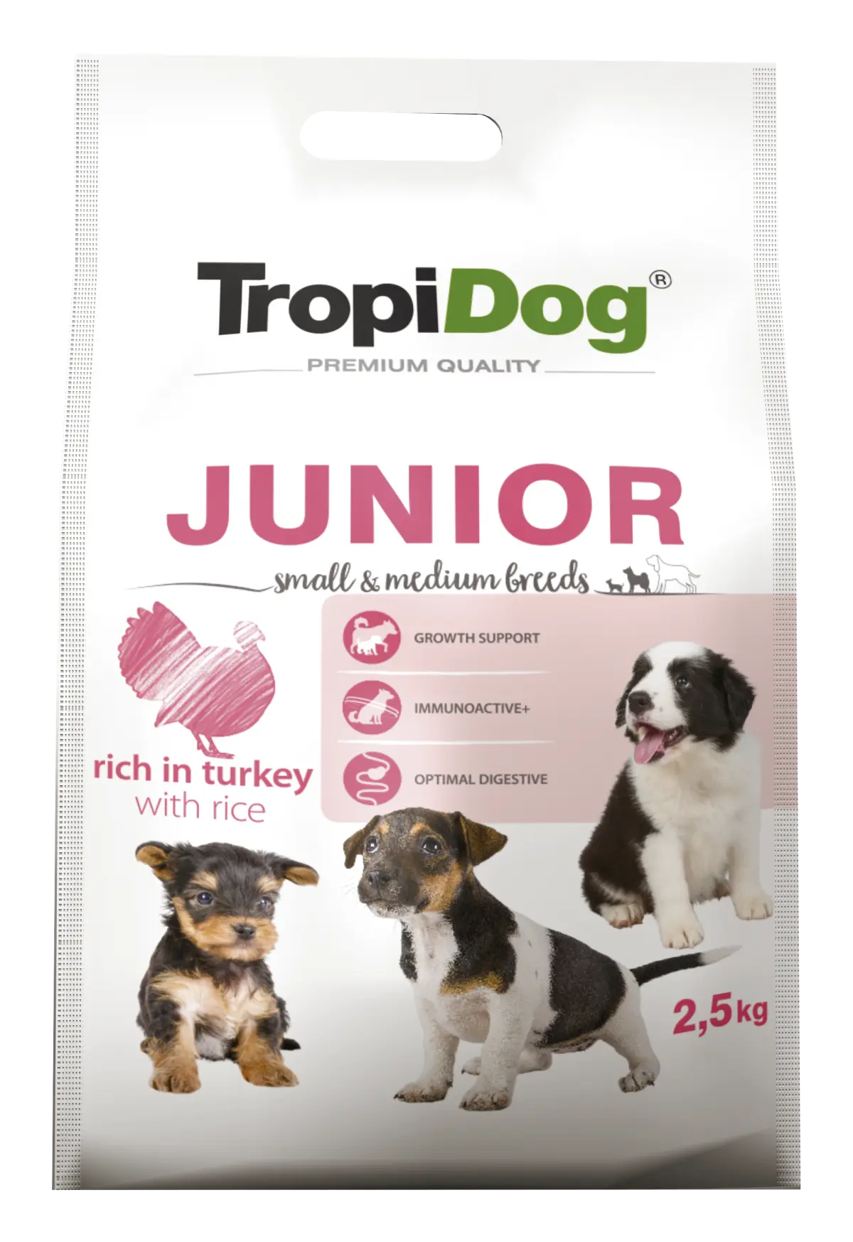 Hrana uscata pentru caini TropiDog, Premium Junior, tale mica sau medie, curcan & orez, 2.5kg