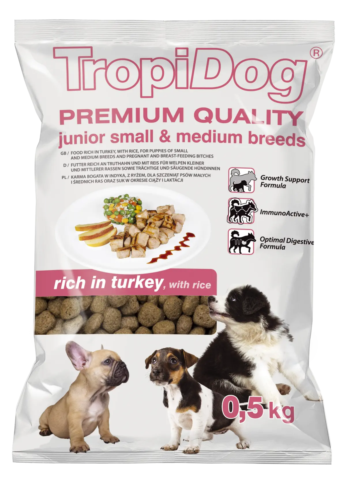Hrana uscata pentru caini TropiDog, Premium Junior, tale mica sau medie, curcan & orez, 500g