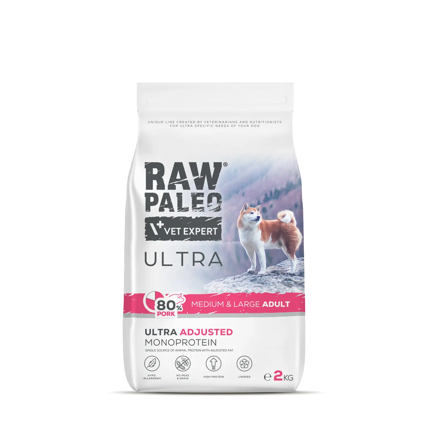 Hrana uscata pentru caini adulti Raw Paleo Ultra Pork, talie medie si mare, 2 kg