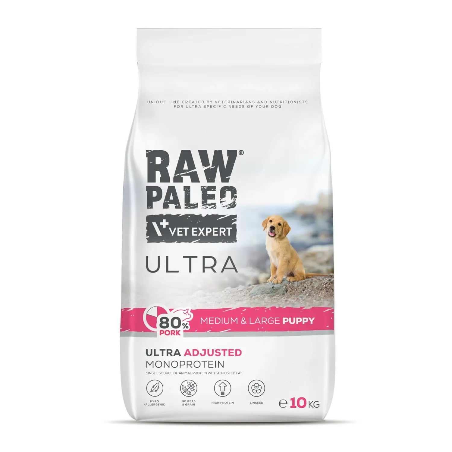 Hrana uscata pentru caini junior, Raw Paleo Ultra Pork, talie medie si mare, 10 kg