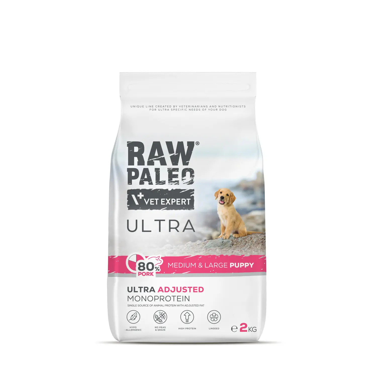 Hrana uscata pentru caini junior, Raw Paleo Ultra Pork, talie medie si mare, 2 kg