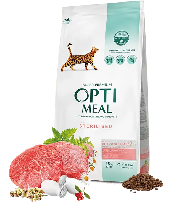 Hrana uscata pentru pisici adulte, Super Premium OPTIMEAL DRY FOOD, vita si sorg, 10kg