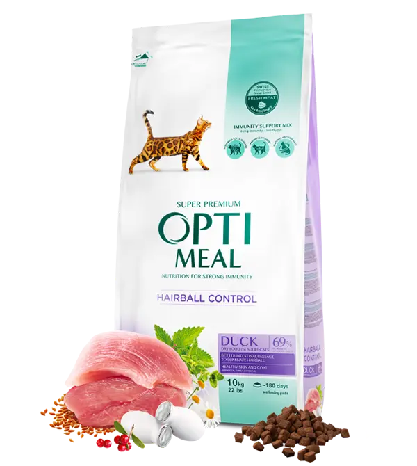 Hrana uscata pentru pisici adulte, Super Premium OPTIMEAL DRY FOOD, eliminarea ghemotoacelor, rata, 10 kg