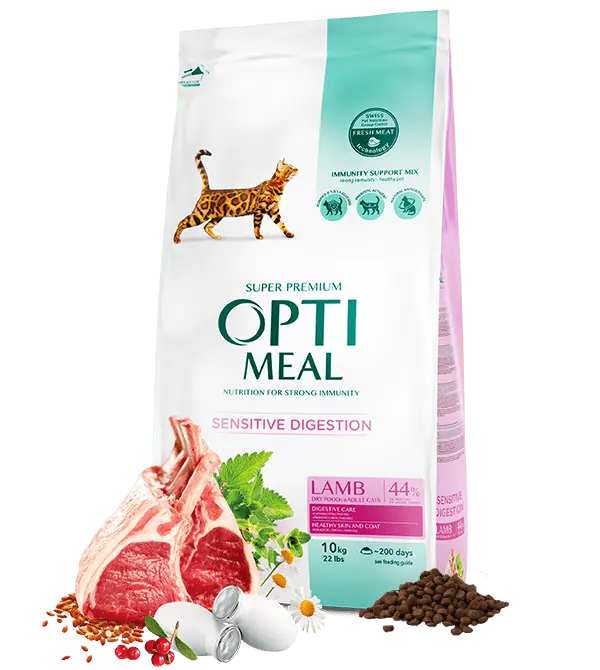 Hrana uscata pentru pisici adulte cu digestie sensibila, Super Premium OPTIMEAL DRY FOOD, miel, 10 kg