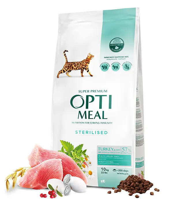 Hrana uscata pentru pisici sterilizate, Super Premium OPTIMEAL DRY FOOD, curcan si ovaz, 10 kg