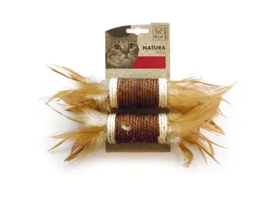 Jucarie pentru pisici NATURA M-PETS, 2x rulouri din sfoara si pene, 24 cm Ø4,5 cm