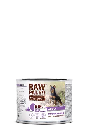 Hrana umeda pentru caini, adult, Raw Paleo Duo Protein, Rata cu Mistret si Afine, 200g