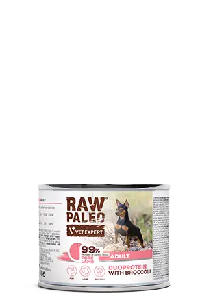 Hrana umeda pentru caini, adult, Raw Paleo Duo Protein, Porc cu Miel si Broccoli, 200g