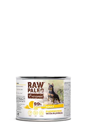 Hrana umeda pentru caini, adult, Raw Paleo Duo Protein, Curcan cu Cod si Dovleac, 200g