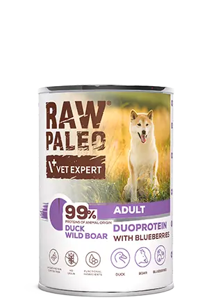 Hrana umeda pentru caini, adult, Raw Paleo Duo Protein, Rata cu Mistret si Afine, 400g