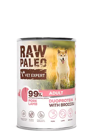 Hrana umeda pentru caini, adult, Raw Paleo Duo Protein, Porc cu Miel si Broccoli , 400g