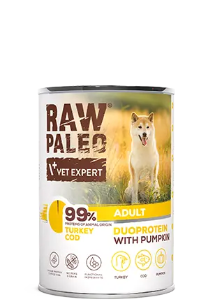 Hrana umeda pentru caini, adult, Raw Paleo Duo Protein, Curcan cu Cod si Dovleac, 400g