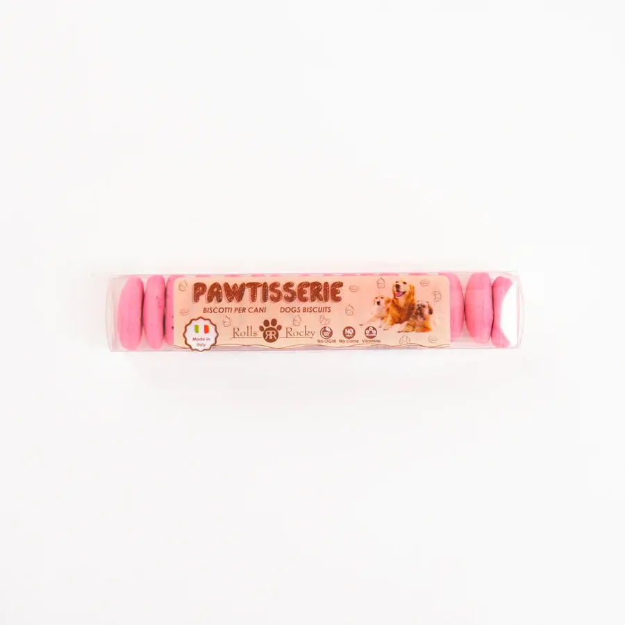 Recompense crocante pentru caini ROLLS ROCKY PAWTISSERIE MACAROONS, Pink 50g