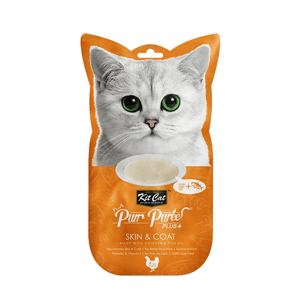 Recompense lichde pentru pisici Kit Cat Purr Puree Plus+ Skin & Coat , pui si ulei de peste, 4x15g