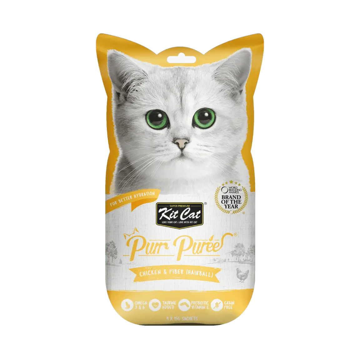 Recompense lichde pentru pisici Kit Cat Purr Puree, pui si fibre, Hairball, 4 x 15g