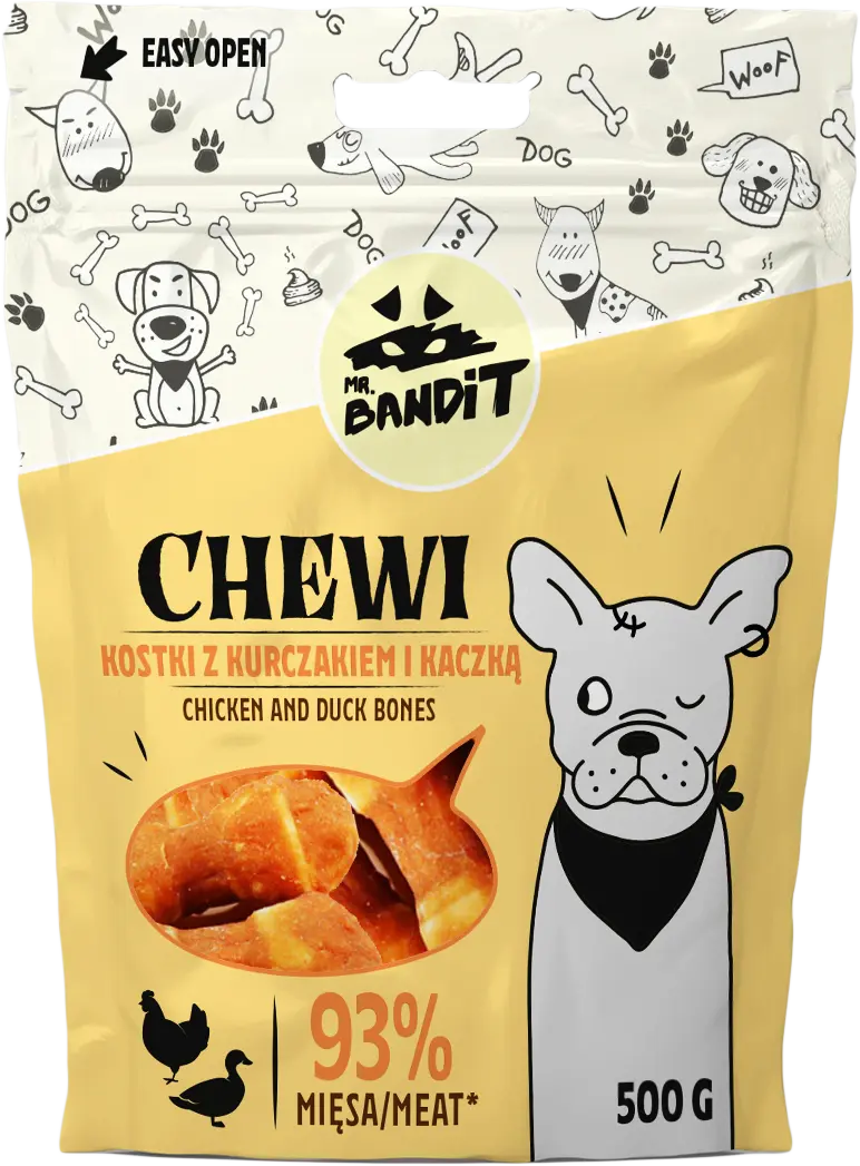 Recompense pentru caini Mr. Bandit CHEWI, oase de pui si rata, 500g