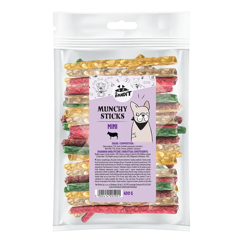 Recompense pentru caini Mr. Bandit Munchy Sticks MINI, 400g, 100 buc.