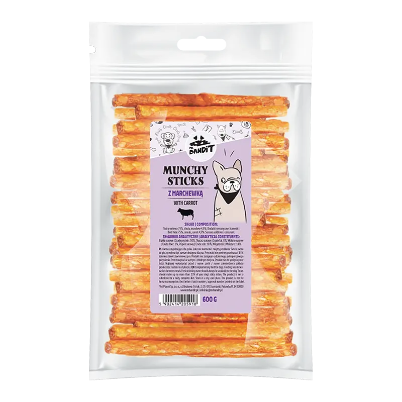 Recompense pentru caini Mr. Bandit Munchy Sticks, cu morcov, 600g