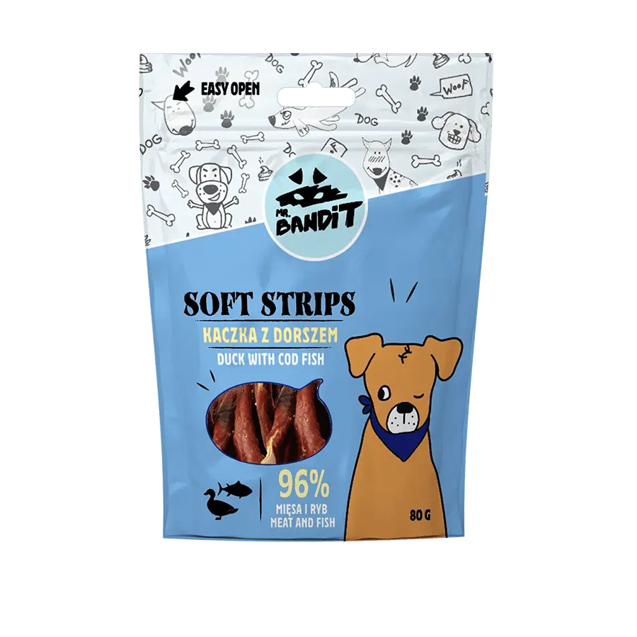 Recompense pentru caini Mr. Bandit SOFT STRIPS, rata si cod, 80 g