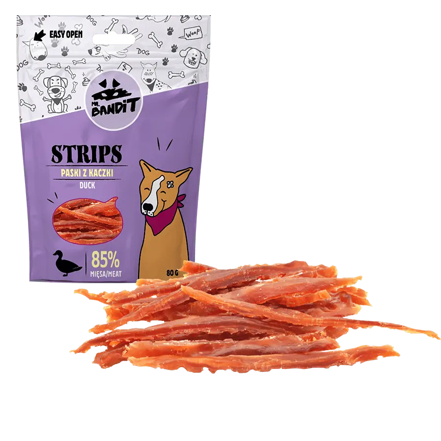 Recompense pentru caini Mr. Bandit STRIPS, rata, 80 g