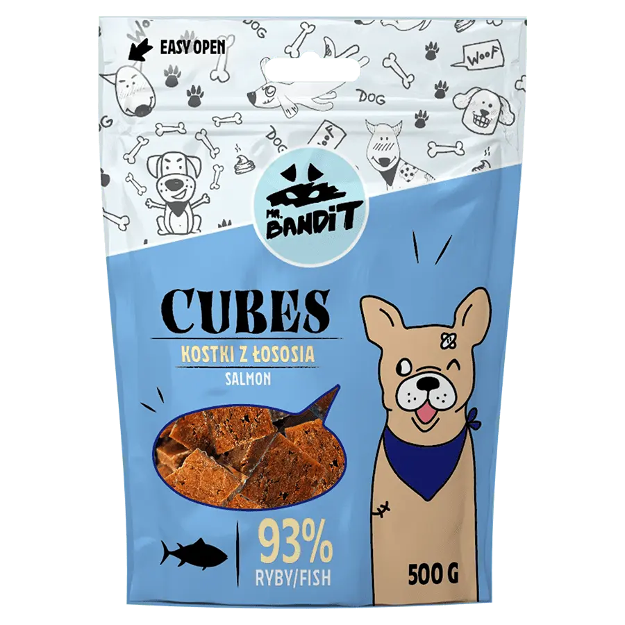 Recompense pentru caini Mr. Bandit, cuburi de somon, 500 g
