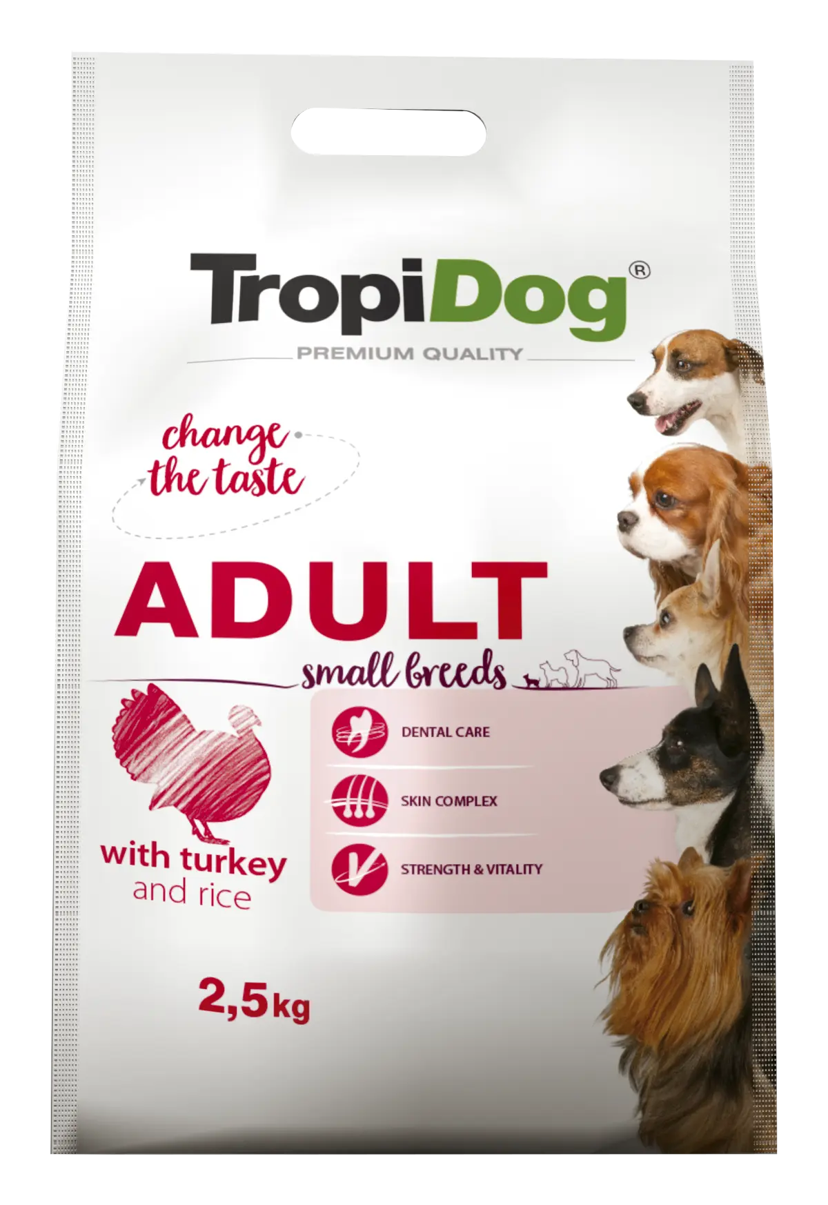 Hrana uscata pentru caini TropiDog, Premium Adult, tale mica, curcan & orez, 2.5kg