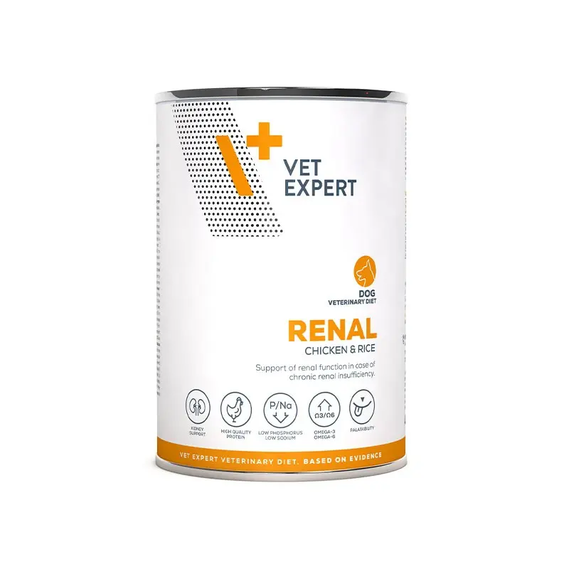 Dieta veterinara umeda pentru caini adulti cu afectiuni renale Vet Expert Renal Dog, pui si orez, 400 g