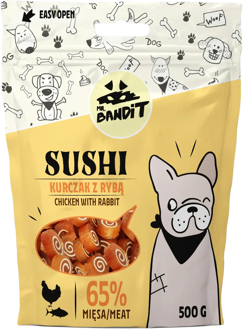 Recompense pentru caini Mr. Bandit SUSHI, pui si peste, 500g