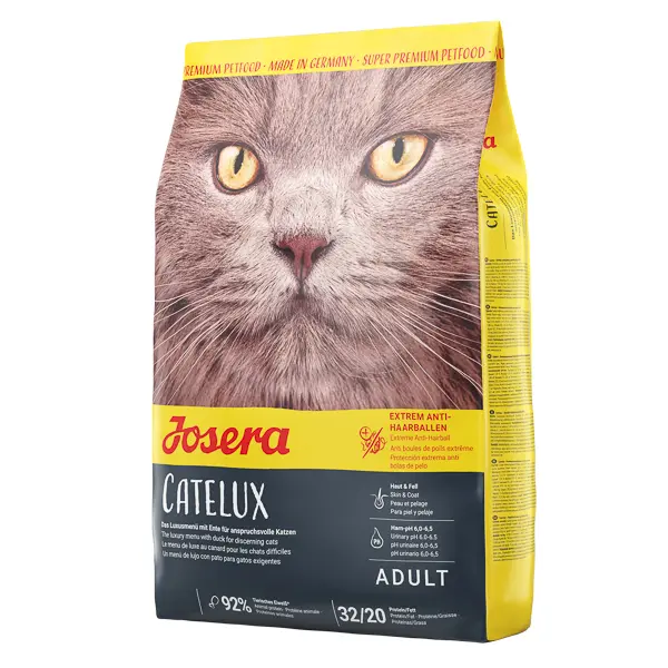 Josera Catelux 8x400 g hrana uscata pentru pisici: cu rata si cartofi, pentru pisici predispuse la ghemotoace de blana