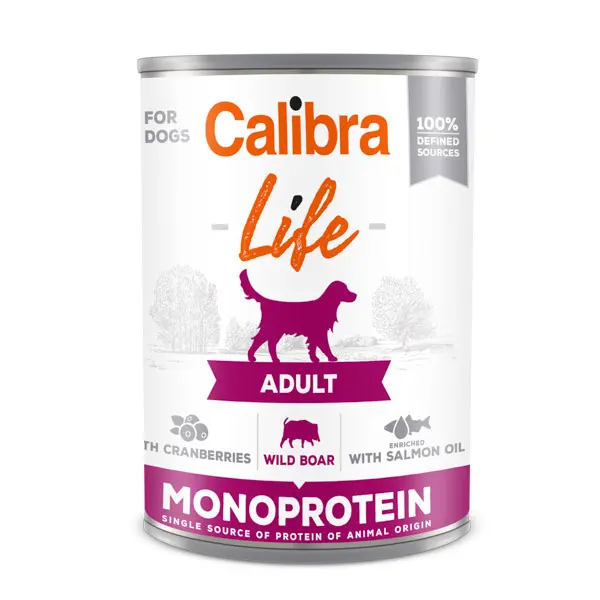 Calibra Dog Life Adult, hrana umeda pentru caini adulti, cu merisoare, mistret, si ulei de somon, 6 x 400 g