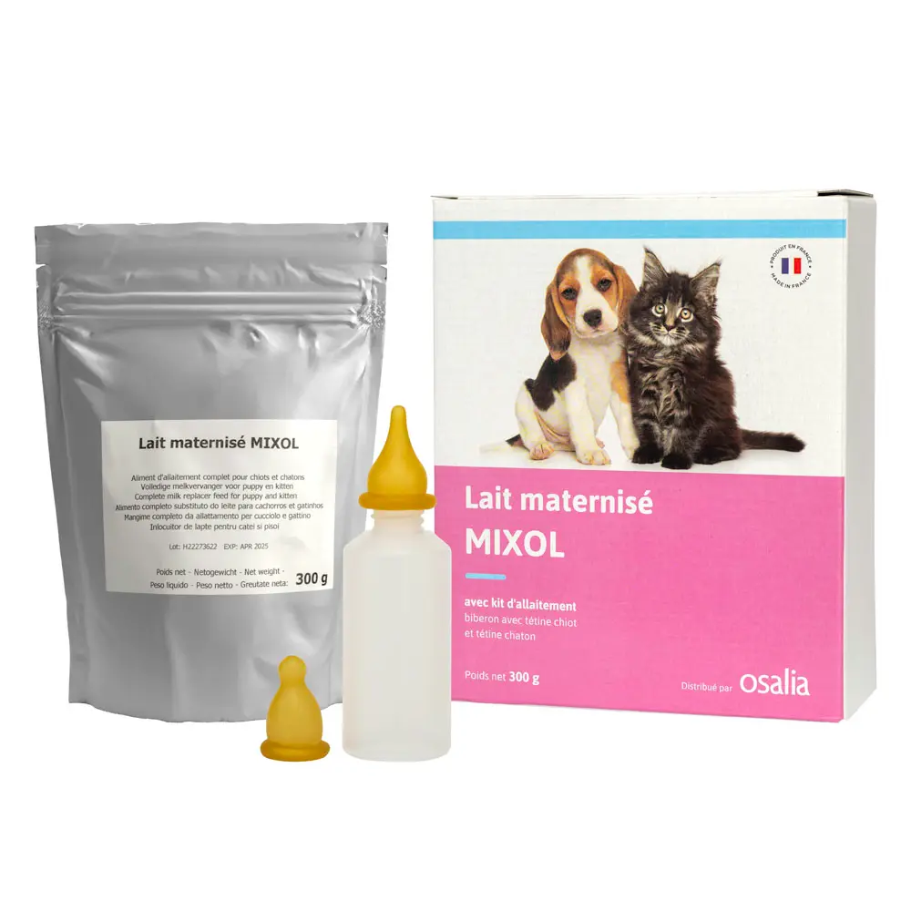 Mixol lapte praf pentru catei si pisici, 300 g, plus biberon cu tetina