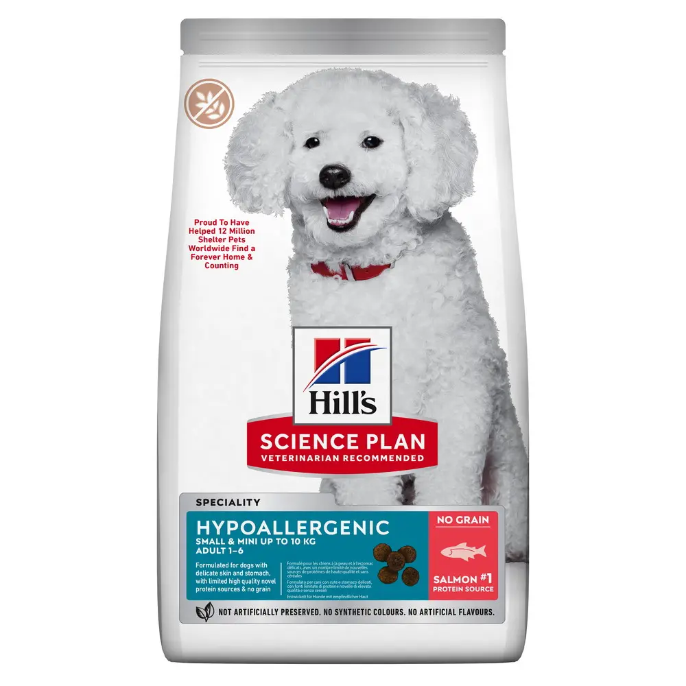 Hills SP CANINE ADULT S&M HYPOALLERGENIC NO GRAIN, hrana uscata hipoalergenica, fara cereale, pentru caini adulti de talie mica, 1.5 KG