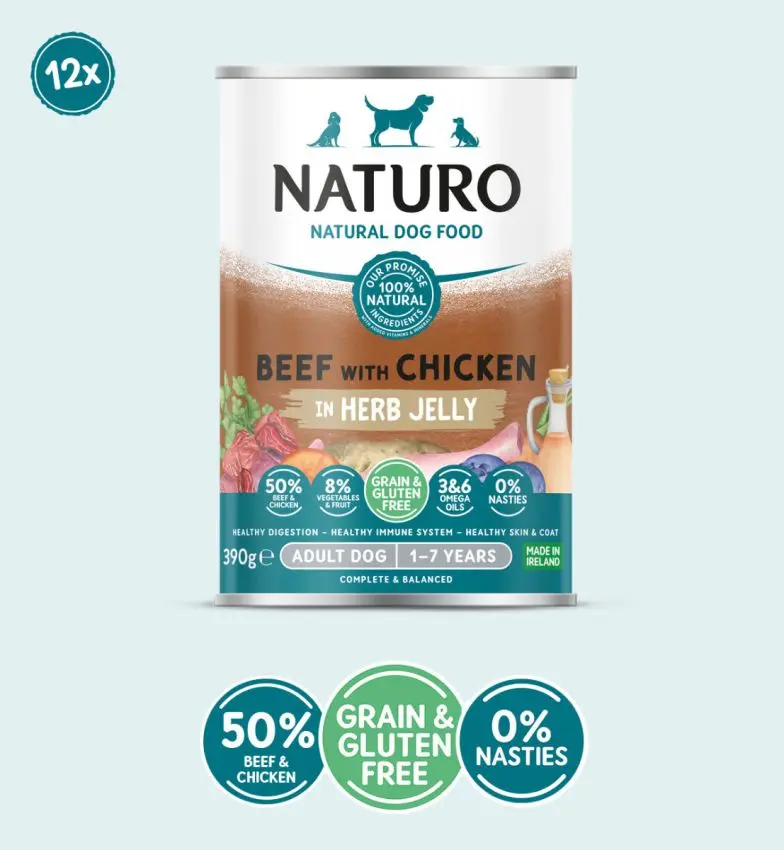 Conserva Naturo Adult cu Carne de Vita si Pui, Amestec de Legume si Fructe in Jeleu cu Ierburi Aromatice 390g