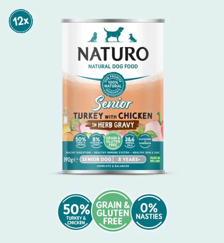 Conserva Naturo Senior cu Carne de Curcan si Pui, Amestec de Fructe si Legume in Sos cu Ierburi Aromatice 390g