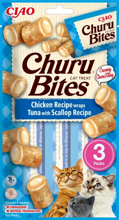 Churu Bites Recompense pentru Pisici cu Pui, Ton si Scoici, 3 X 10 gr