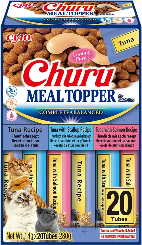 Churu Meal Topper Tuna Variety Recompensa Cremoasa Reteta cu Ton, Scoici si Somon