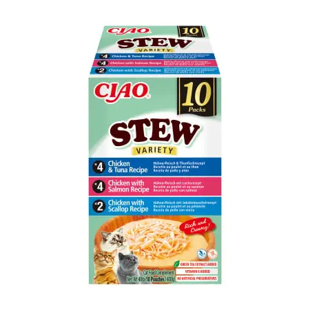 Ciao Churu Stew Variety cu Pui si Ton, Pui si Somon, Pui si Scoici 10 Buc