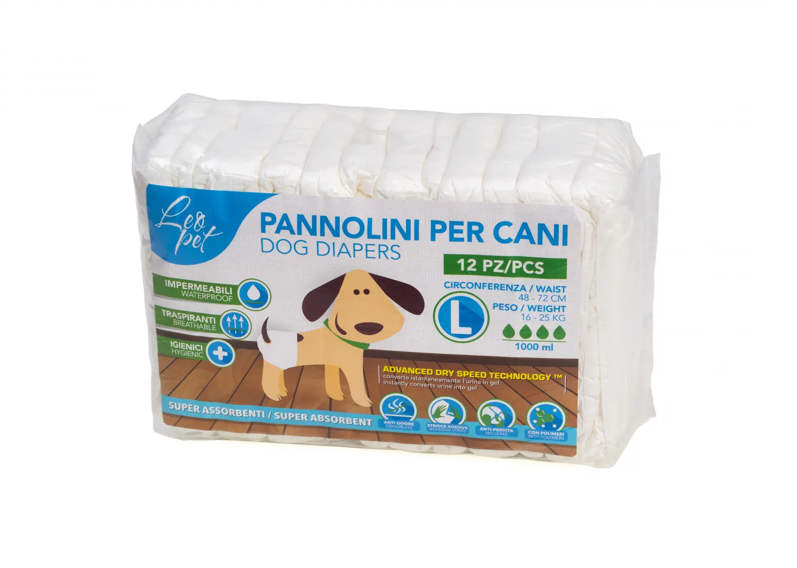 Scutece pentru caini LeoPet, dimensiune S (abdomen 40-56 cm), 12 bucati