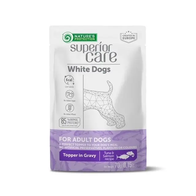 Gustari pentru caini adulti cu blana alba, Nature's Protection, ton si somon, 70g