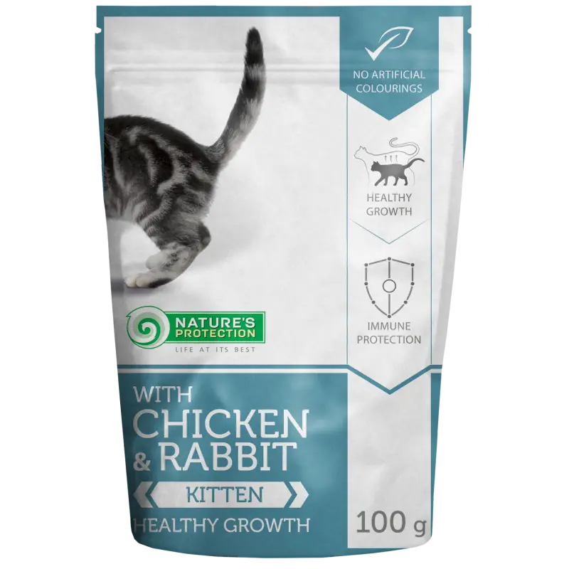 Nature's Protection Kitten Chicken Rabbit, pui si iepure, hrana umeda pentru pisici, 100 g